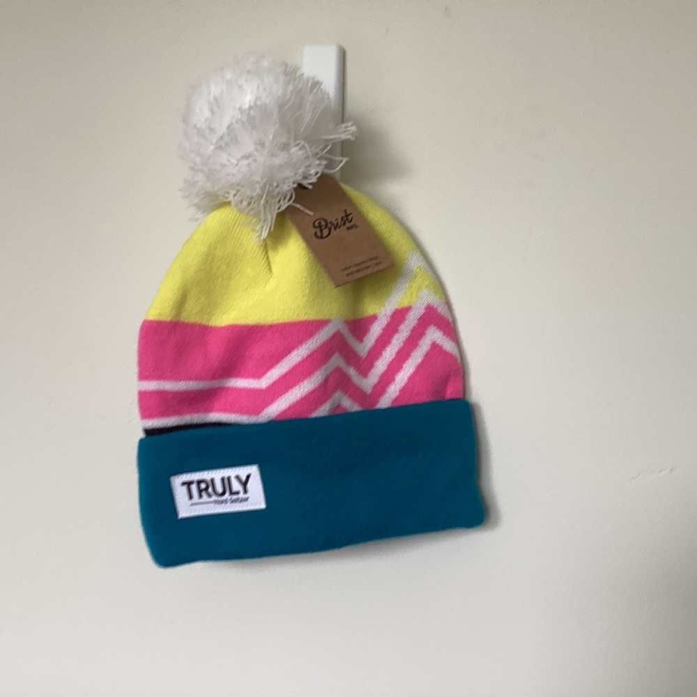 Brist TRULY Pink, Teal, Yellow Color Block Pom-Pom Beanie Toque NWT